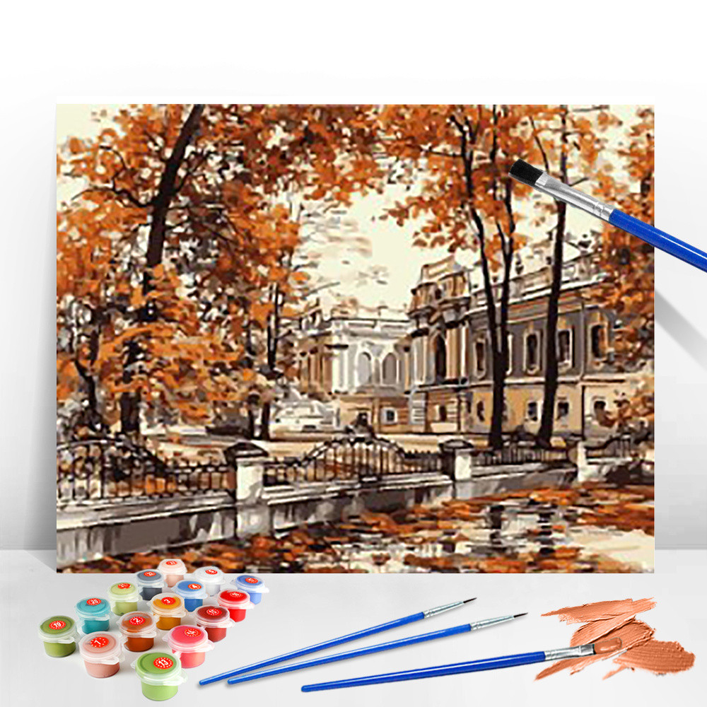 

Picture Oil Painting by Numbers City Landscape Oil Painting Drawing on Canvas Stareet Bridge Autumn Scenery Wall Decor