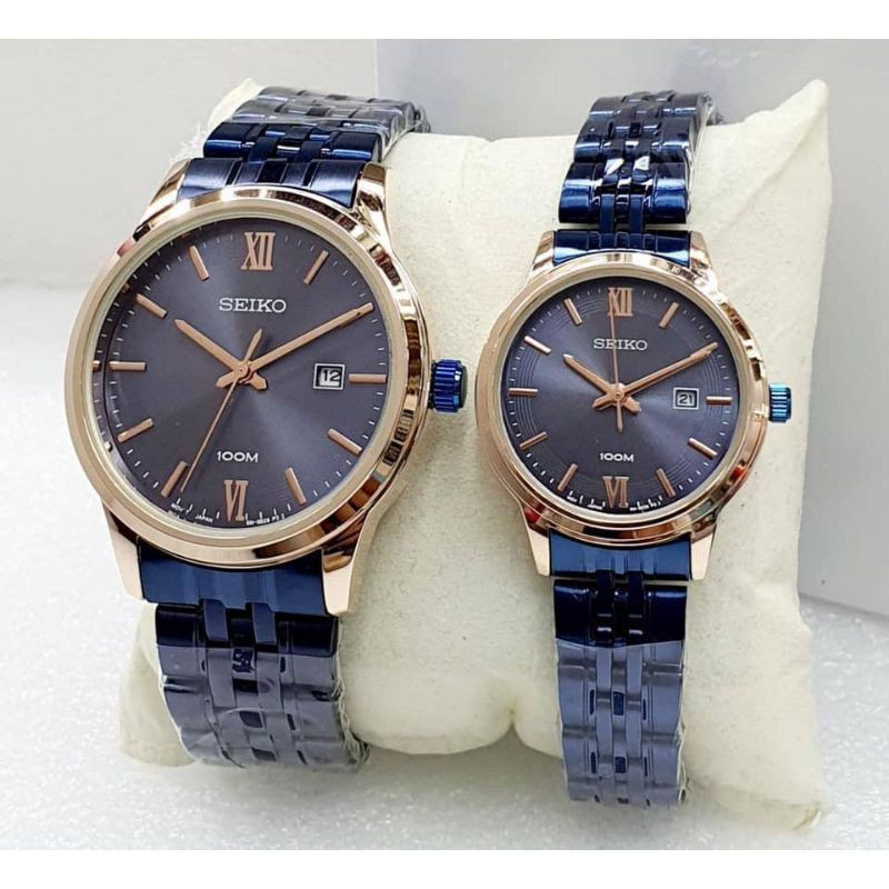 Jam Tangan Couple Seiko-100M Tali Rantai Body Bulat Tanggal Aktif