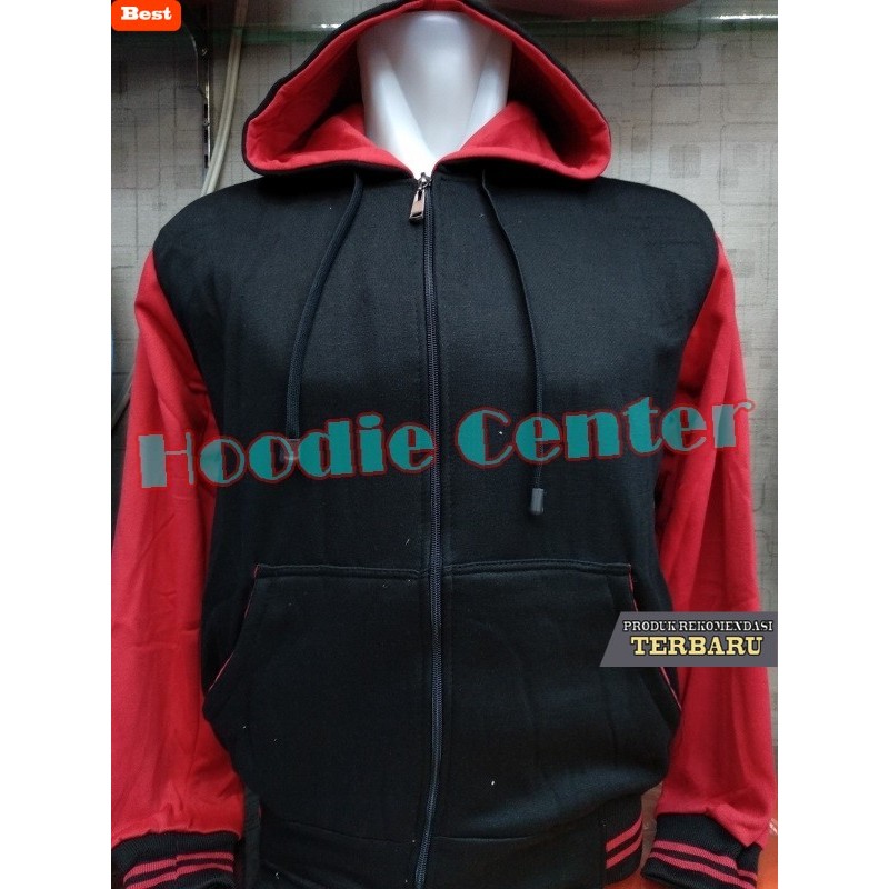 hoodie pria keren JAKET HOODIE ZIPPER RAGLAN VARSITY HOODIE RAGLAN JAKET RAGLAN POLOS - Hitam - Mera