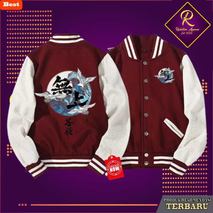 hoodie pria keren jaket bomber pria jumbo hoodie varsity kancing jepang oversize xxl - Maroon-Putih,