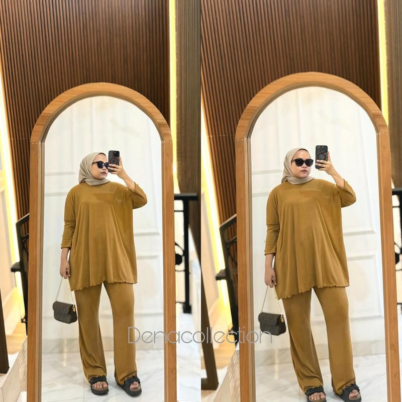 Denacollection Rebeca Setelan Tunik Rib knit Celana Cutbray Atasan Panjang Lengan Kancing Nyaman