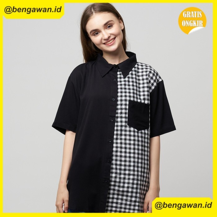 (MONE) Monellina 601104 Kemeja Oversize Wanita Lengan Pendek - Hitam, L
