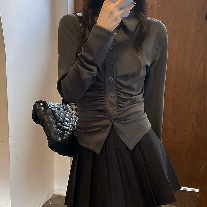 【MOOGU】 Kemeja korea lipatan seksi shirt atasan blouse wanita