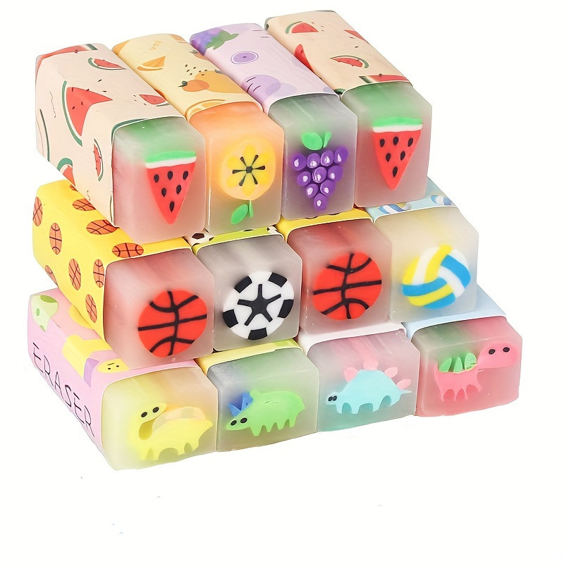 

12pcs/set Cute Pencil Eraser Animal Dinosaur Ball Funny Fruit Eraser Desk Pet Eraser School Supplies Prizes Gifts Party Gifts