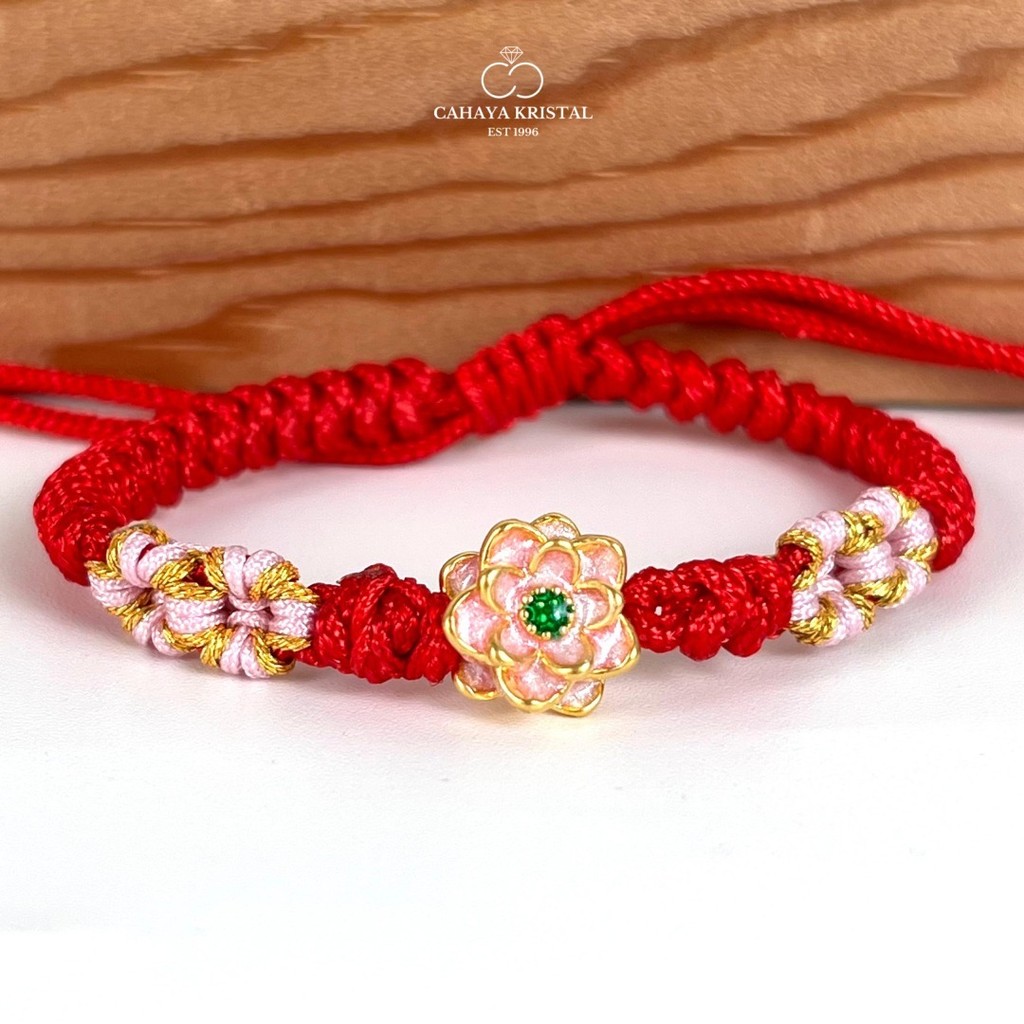 Gelang Tali Emas Charm Teratai (Kokoh) / Bunga Lotus Pink Emas 24k HK 999% - Gold Charm Bracelet