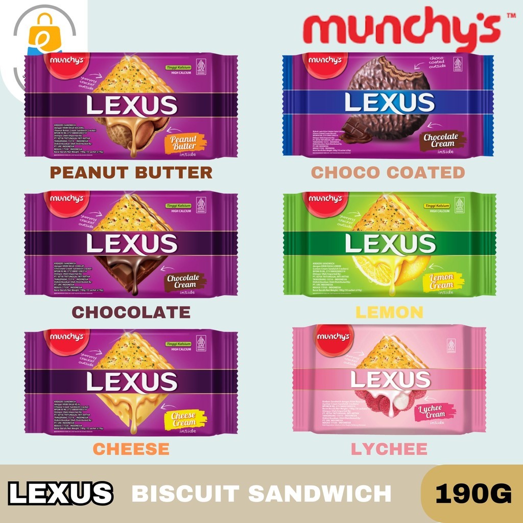 

Lexus sandwich / Cracker / Kue / Kraker / Rasa Cream Chocolate / Cheese / Lemon / Lychee / Choco Coated Munchy's Kemasan 190g