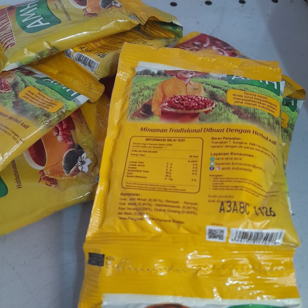 

JAHE MERAH AMH 1 Renceng isi 10pcs x 20gram Minuman Herbal Habbatussauda, Gingseng & Madu