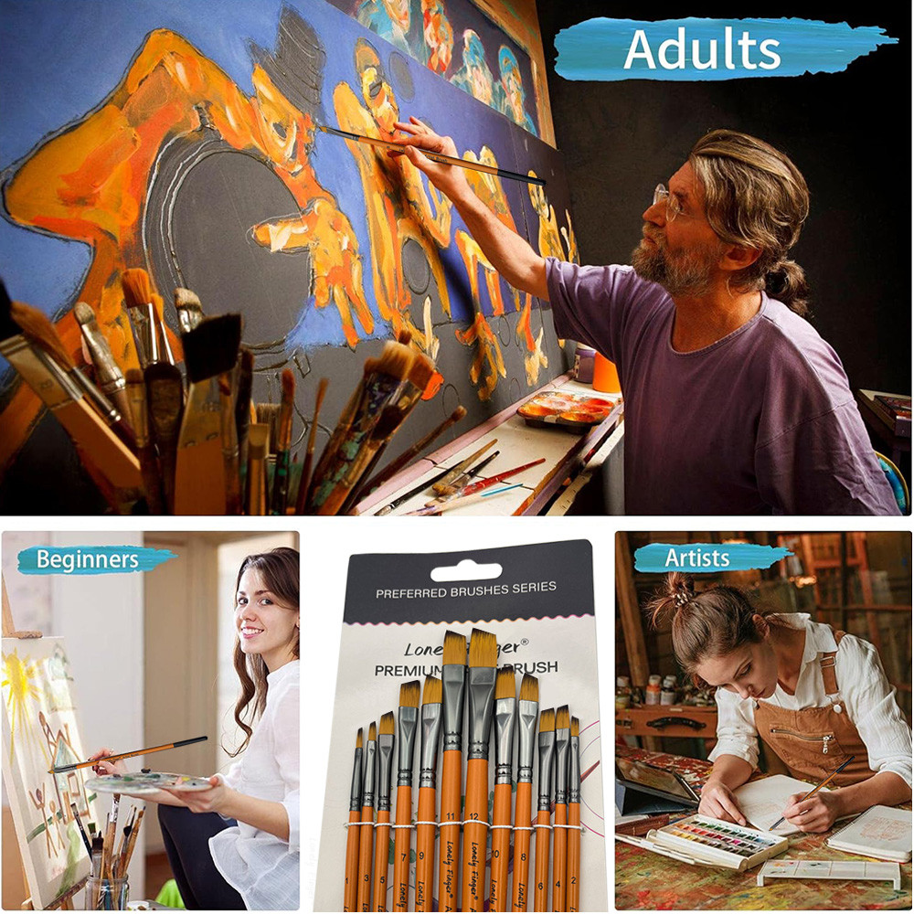 

Angular Paint Brushes, 12Pcs Oblique Tip Nylon Hair Artist Angled Paint Brush Set for Acrylic, Watercolor, Gouache, Oil Painting