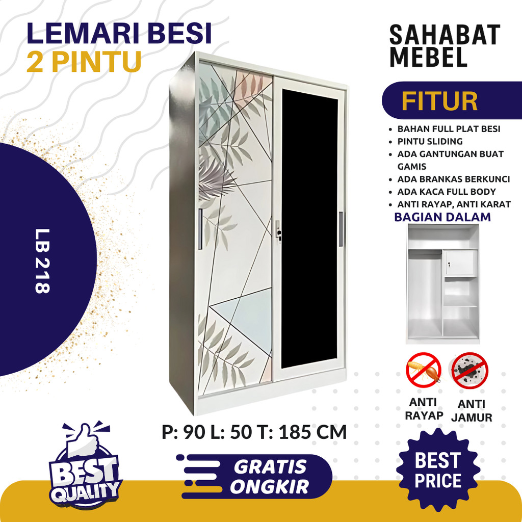 Lemari Pakaian Besi 2 Pintu Sliding 90cm - Lemari Pakaian Besi / Lemari Baju Besi Sliding, Lemari Ba