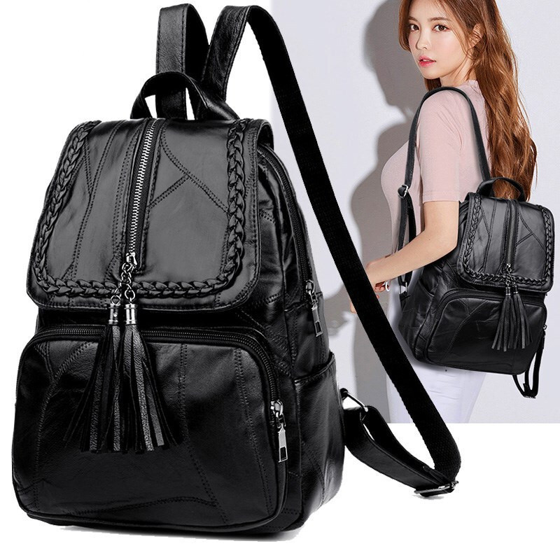 Women's PU Leather Backpack School Bag Classic Black Waterproof Travel multi-function Shoulder Bag R