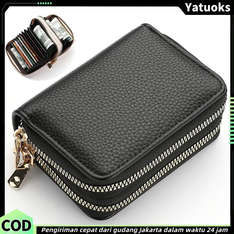 Dompet /Dompet Zip Portabel / 2 Resleting Dompet Lipat Wanita Kulit Hitam Lenia Kecil Slot Kartu Uan