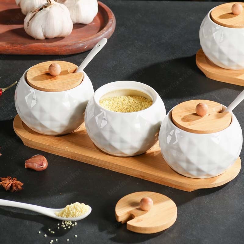 Set Toples Bumbu Dapur Keramik Bumbu Dapur Unik Set Toples Bumbu Set 3 dan 1 Wadah Kayu