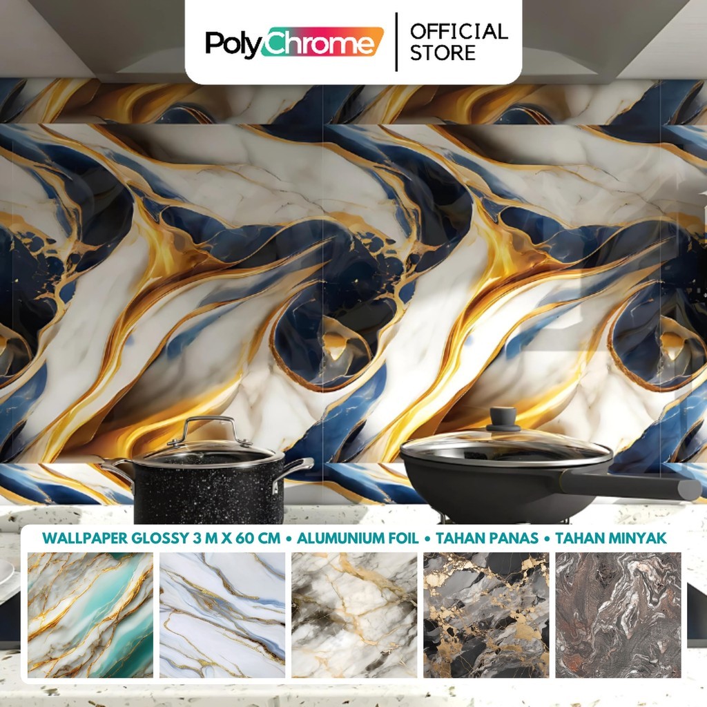 RAJA888 [18 Motif - P3] Wallpaper Glossy Marmer Marble Polychrome Dapur Meja Furniture 3 m x 60 cm G