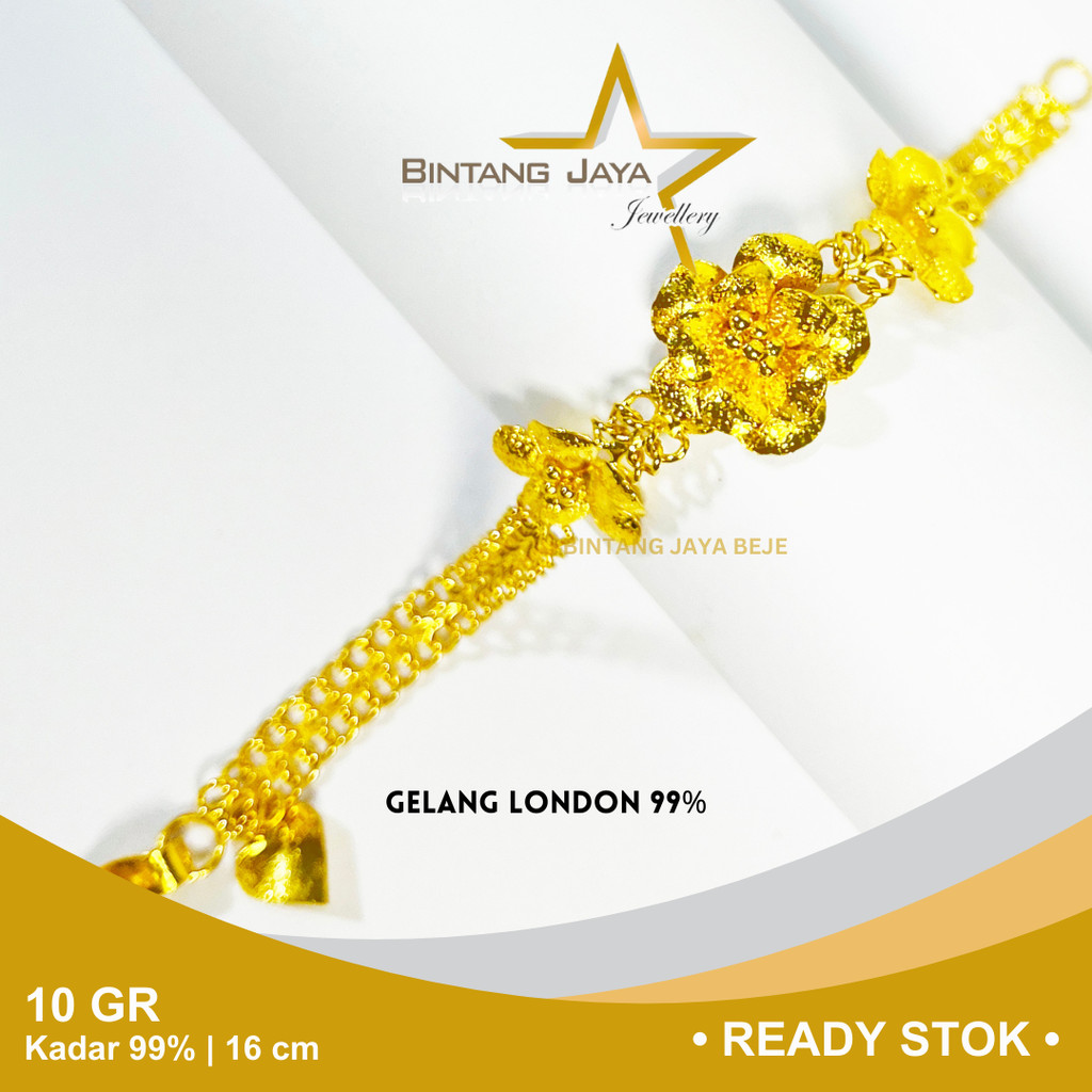 Gelang Emas LM London 99 24K Berat 10 gr gram Panjang 16 cm Model Bunga Rantai Lipan Ujung Love Kait