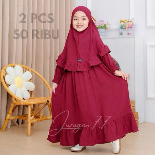 QF35YH PAKET HEMAT 2 PCS 50 RIBU GAMIS ANAK REMPEL POLOS SET HIJAB SYAR'I - GAMIS ANAK SYAR'I SET HI