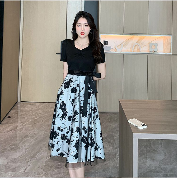 Meirong baju floral dress hitam jumbo pantai panjang wanita party elegan midi dress korean style