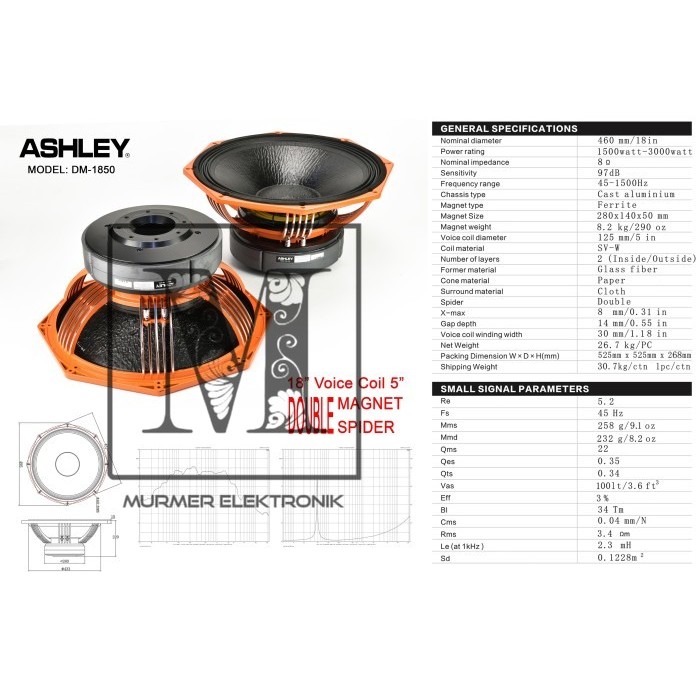 Speaker ASHLEY DM 1850 Coil 5 Double Magnet 18 inch