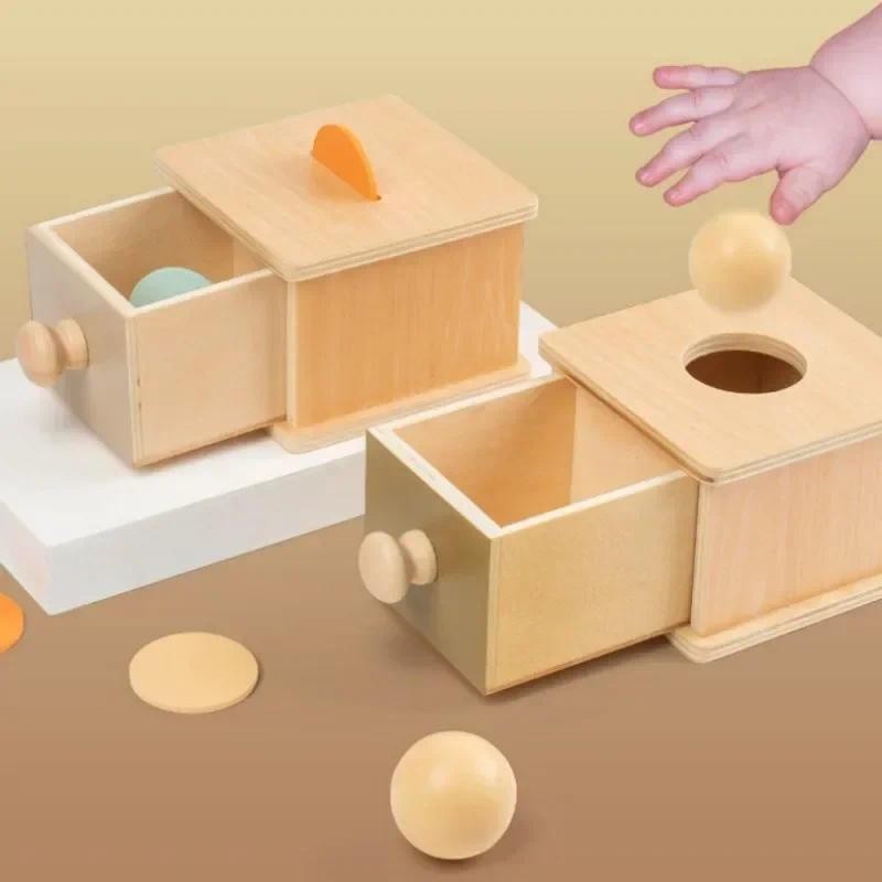 

Kid Educational Toy Children Montessori Object Permanence Box Hammer Box Macaron Wooden Toys Coin Ball Textile Drum Drawer Box