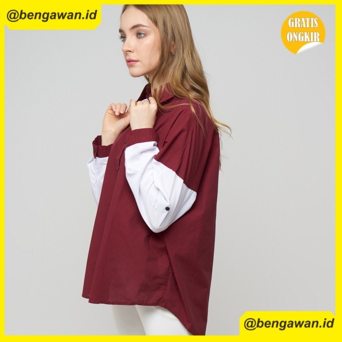 (MONE) Monellina 601084 Kemeja Oversize Wanita Batwing Lengan Panjang - Maroon, XXL
