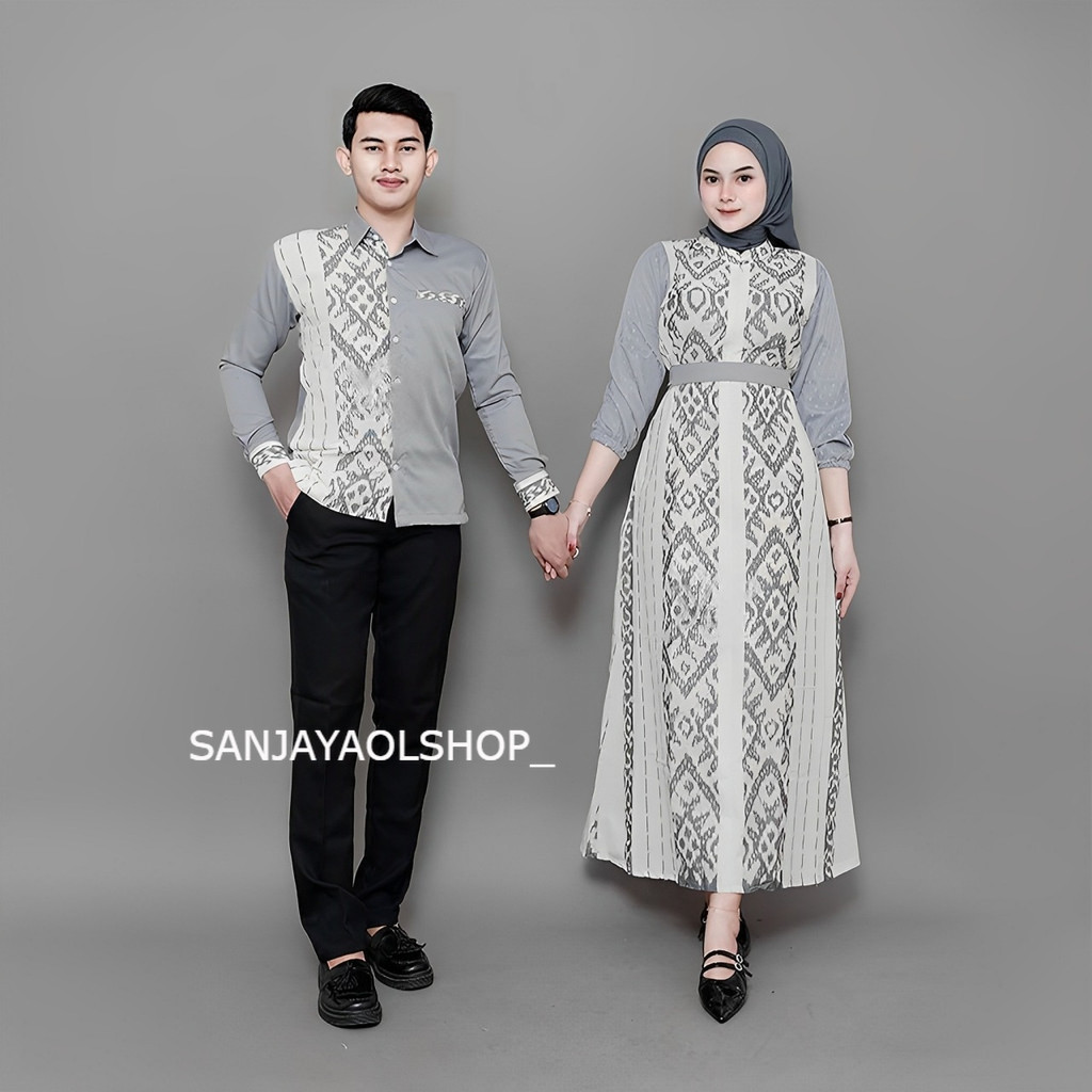 BAJU TENUN COUPLE NEW BELVIA BROKEN WHITE DRESS DAN KEMEJA SANJAYA OLSHOP