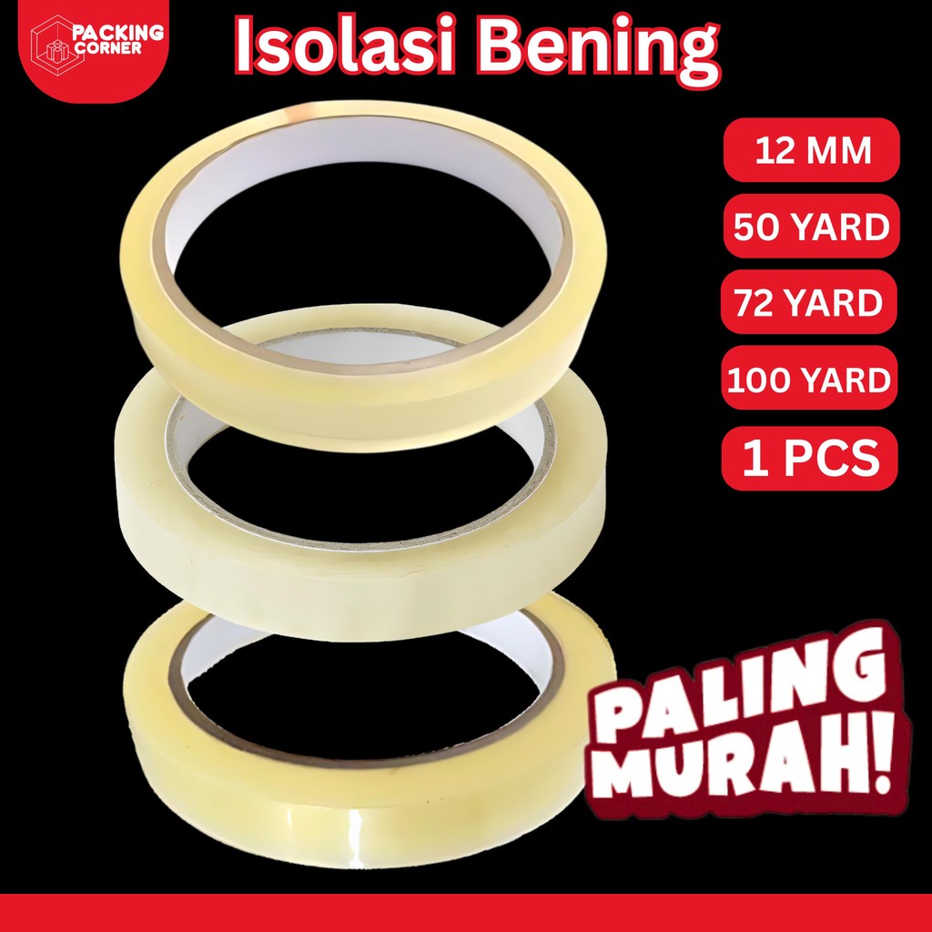 

Lakban Bening Isolasi 1/2 0,5 inch inci 12MM 12 MM 50 60 72 90 100 yard OPP Plakban ATK Tape Perekat Kuat Solatip Online Shop