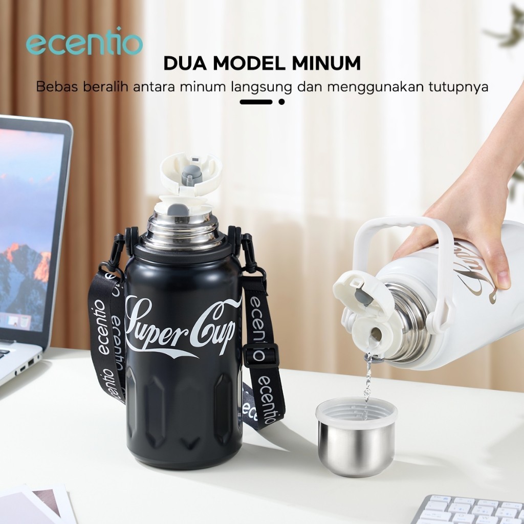 ECENTIO Black Termos Air Panas 1.2 Liter Portable Tumbler Stainless Tahan Panas 24 jam Botol Minum d