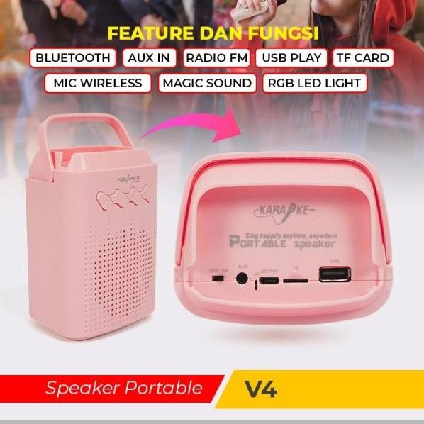 ADVANCE SPEAKER PORTABLE ADVANCE V-4 KARAOKE MINI BLUETOOTH FREE MIC - Merah Muda Garansi Resmi & 10