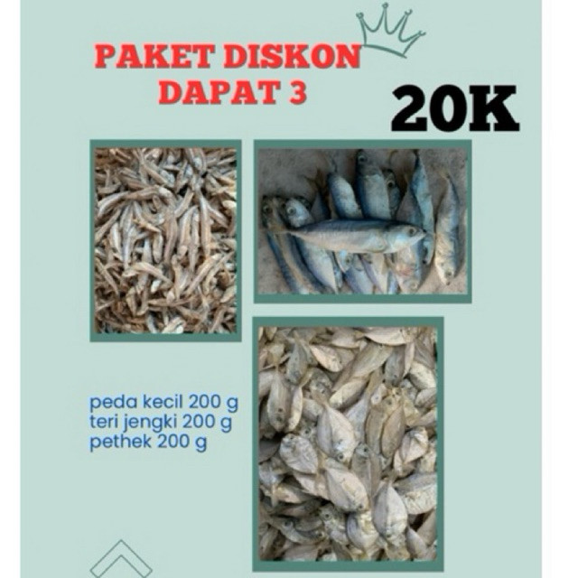 

Terlaris Ikan Asin Paket Diskon Dapat 3 Macam Ikan Peda / Ikan Lempuk / Ikan Pethek / Ikan Layur / Ikan Teri Nasi/ Ikan Teri Jengki Premiummm !!!