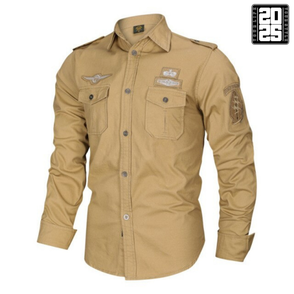 promo Kemeja Tactical Pria Cream Bordil Lengan Panjang / Kemeja Pria Lengan Panjang / Kemeja Tactica