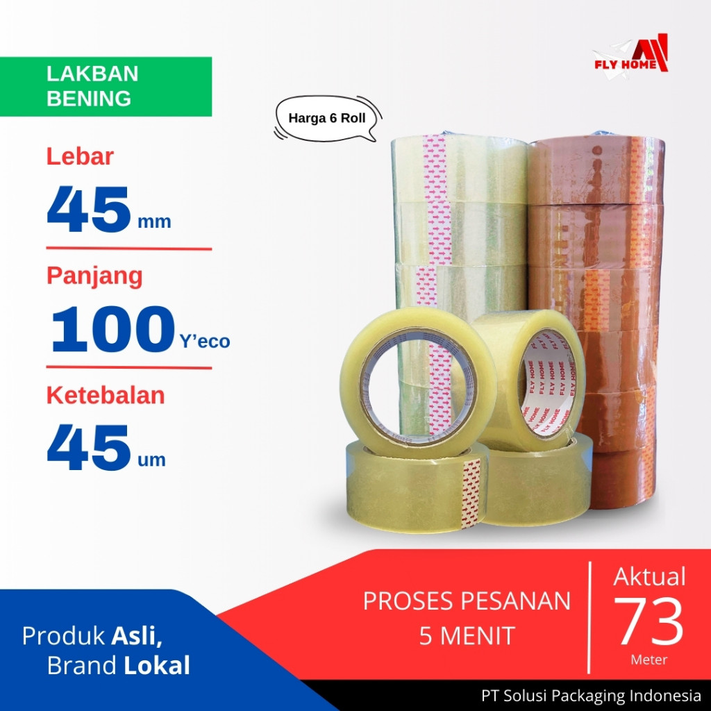

Flyhome Lakban Bening 2Inchi 100yard 45mm x 100yard 6 Roll 100 Yard ECO