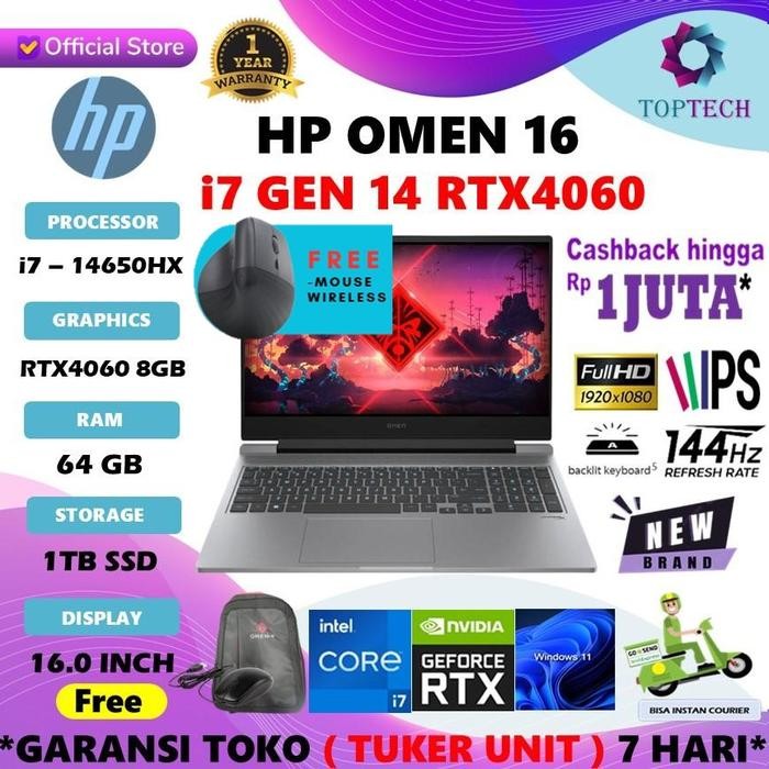 HP OMEN 16 CORE i7 14650HX RTX4060 - 64GB 1TB W11 16" FHD 144Hz