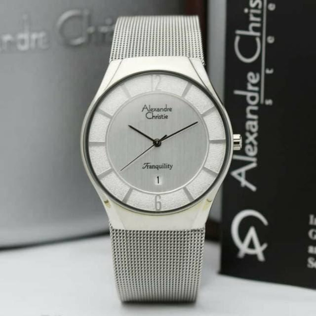 Alexandre Christie 8331 jam tangan pria rantai pasir tipis silver