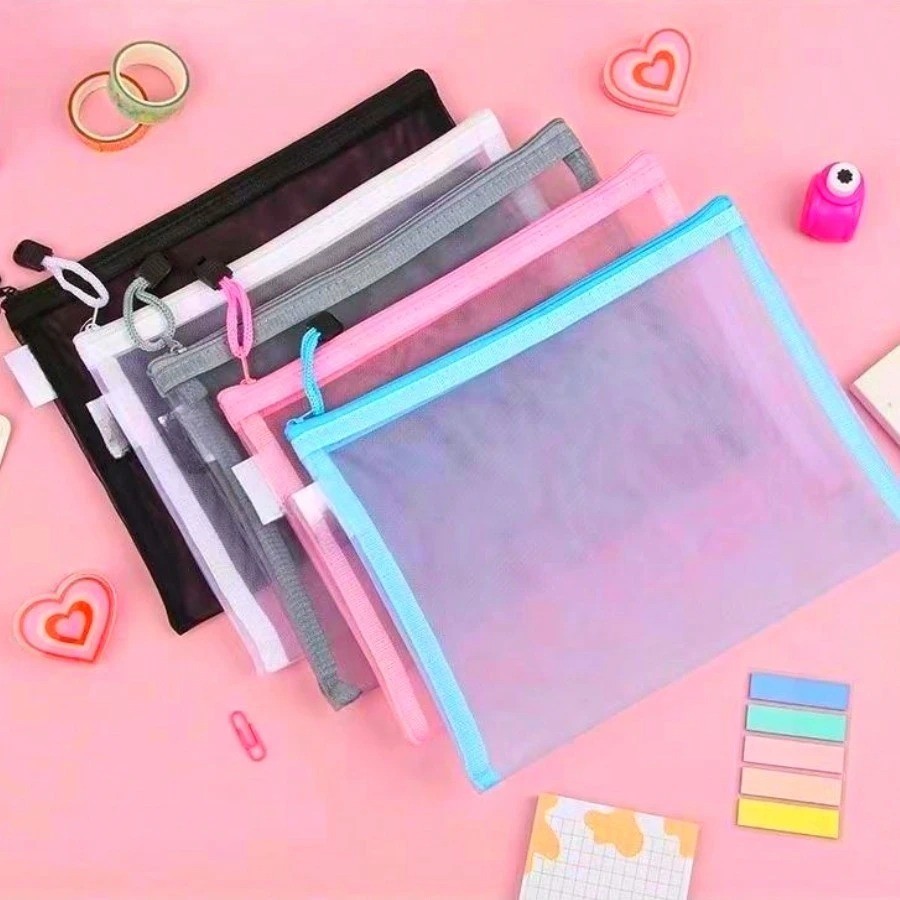 

Tempat Make Up Alat Tulis Ukuran A4 Serbaguna Transparant Mesh Polos Warna Nylon Pouch JCTP91