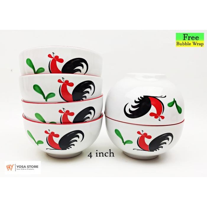 [Paket 6Pcs] Mangkok Keramik Motif Ayam Jago Siera Tebal Size 4 inchi