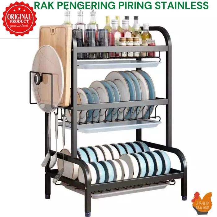 Ready Stok Rak Pengering Piring Stainless Anti Karat Rak Dapur Meja Dish Drainer - 3 Layer