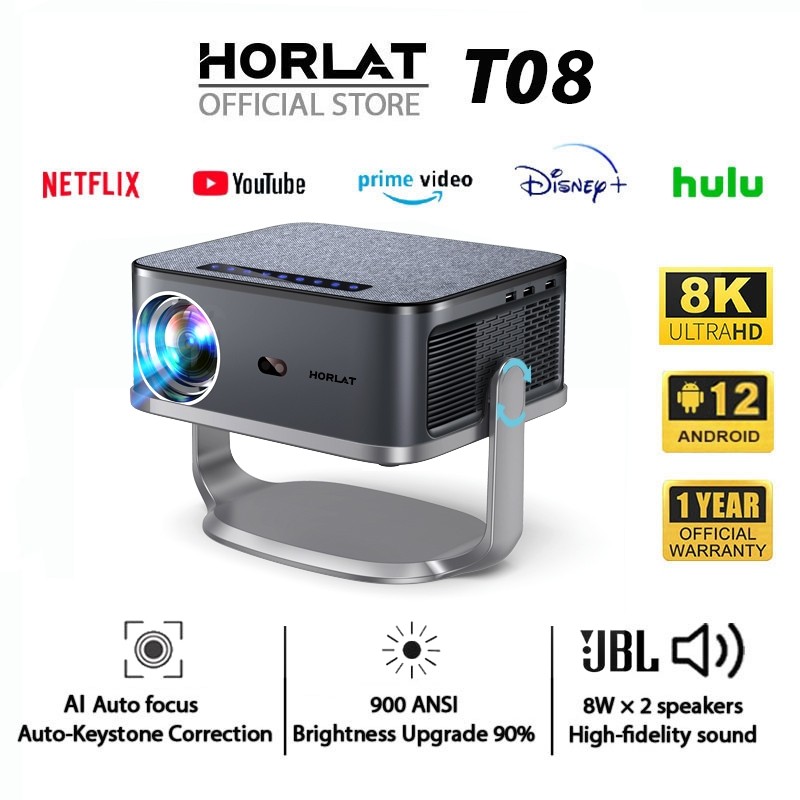 Horlat T08 wifi Proyektor 8K UHD HighBright 900ANSI 120° Proyeksi Putar Android 12/8W*2 speaker JBL