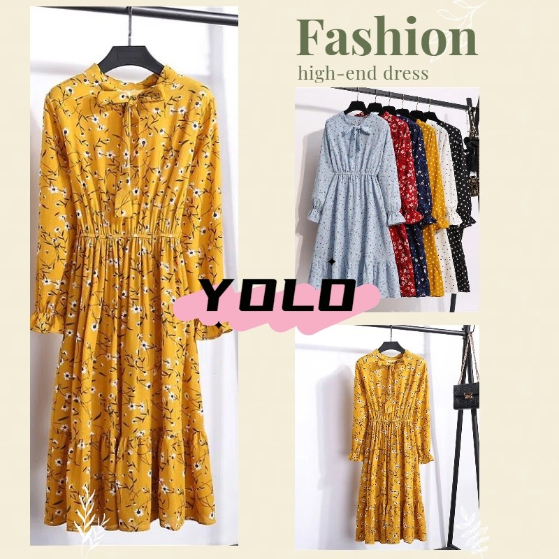 Warna solid hitam merah Wanita midi dress korea lengan panjang Muslimah motif bunga panjang gaun