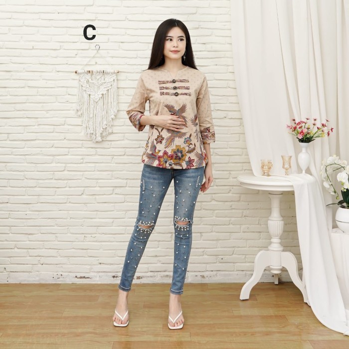 ✨Walhimura✨ - Blouse batik B5287 lengan 3/4 / Atasan batik wanita - C, XL