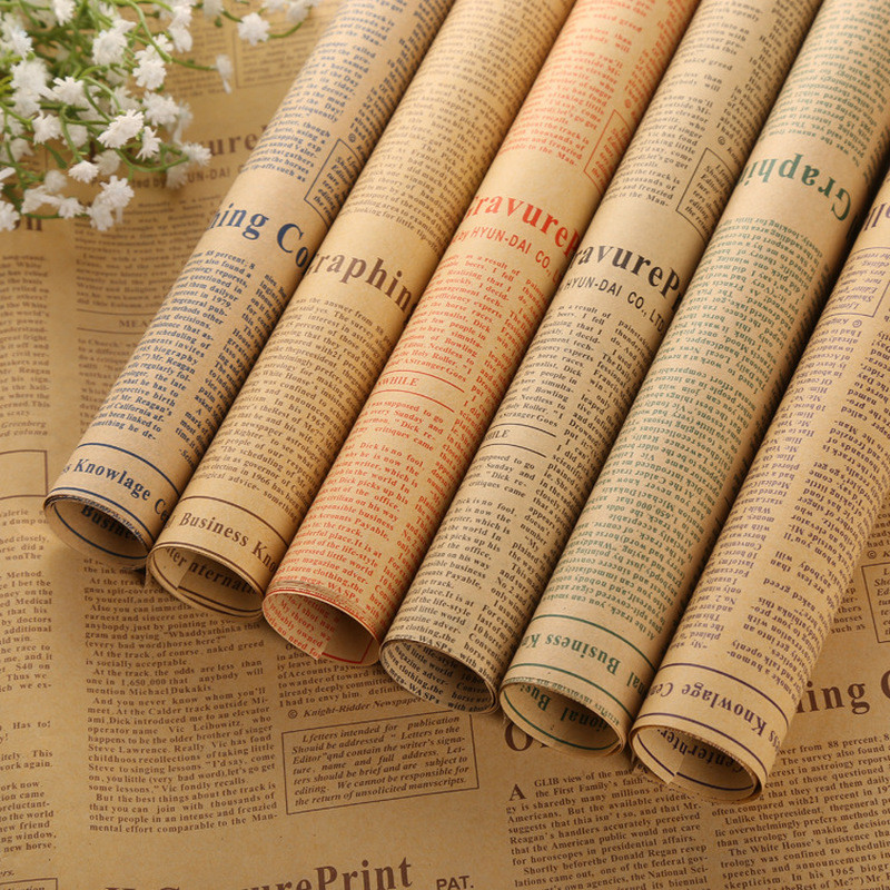 

Vintage Kraft Retro English Newspaper Double sided Flowers Gift Wrapping Paper DIY Artware Package Book Cover Wrap Packing 52x75