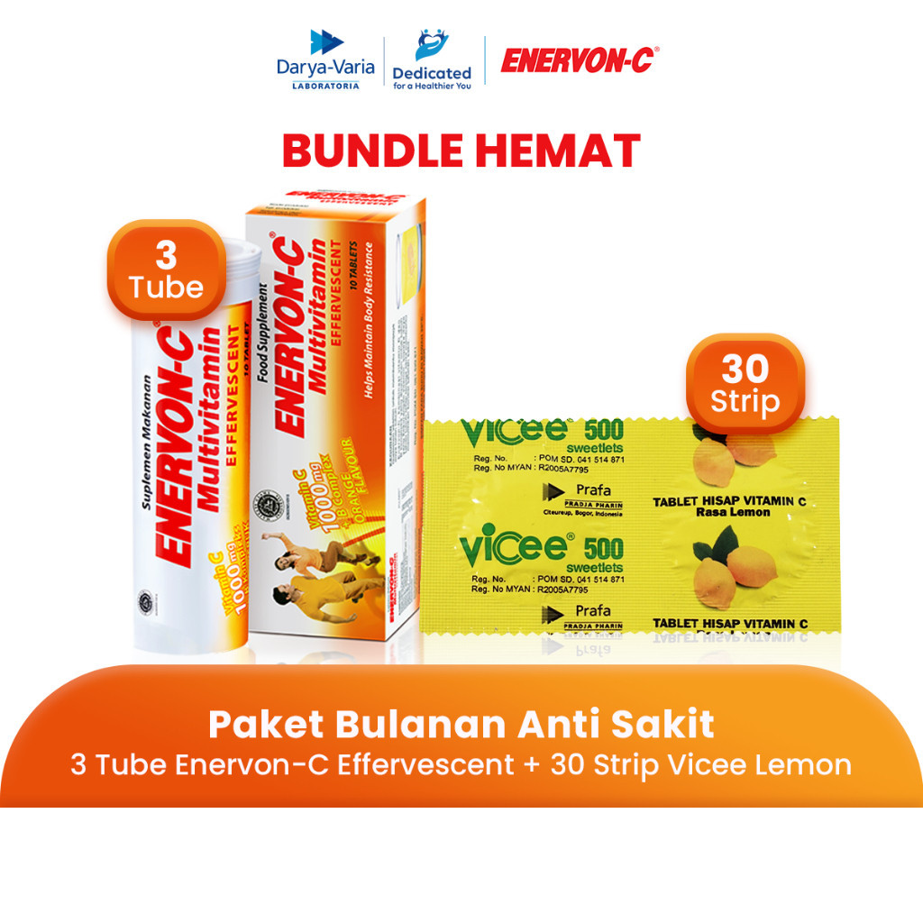 Paket Bulanan Anti Sakit Multivitamin (3 Tube Enervon-C Effervescent + 30 Strip Vicee Lemon Vitamin 
