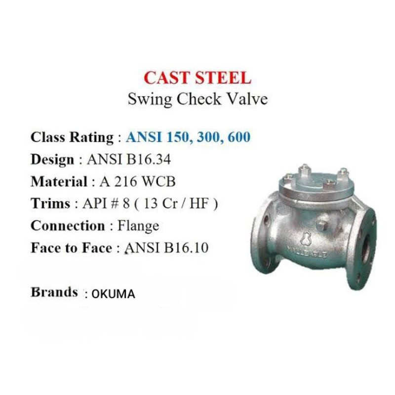 SWING CHECK VALVE 12 INCH OKUMA FLANGE ANSI 150 A216 WCB