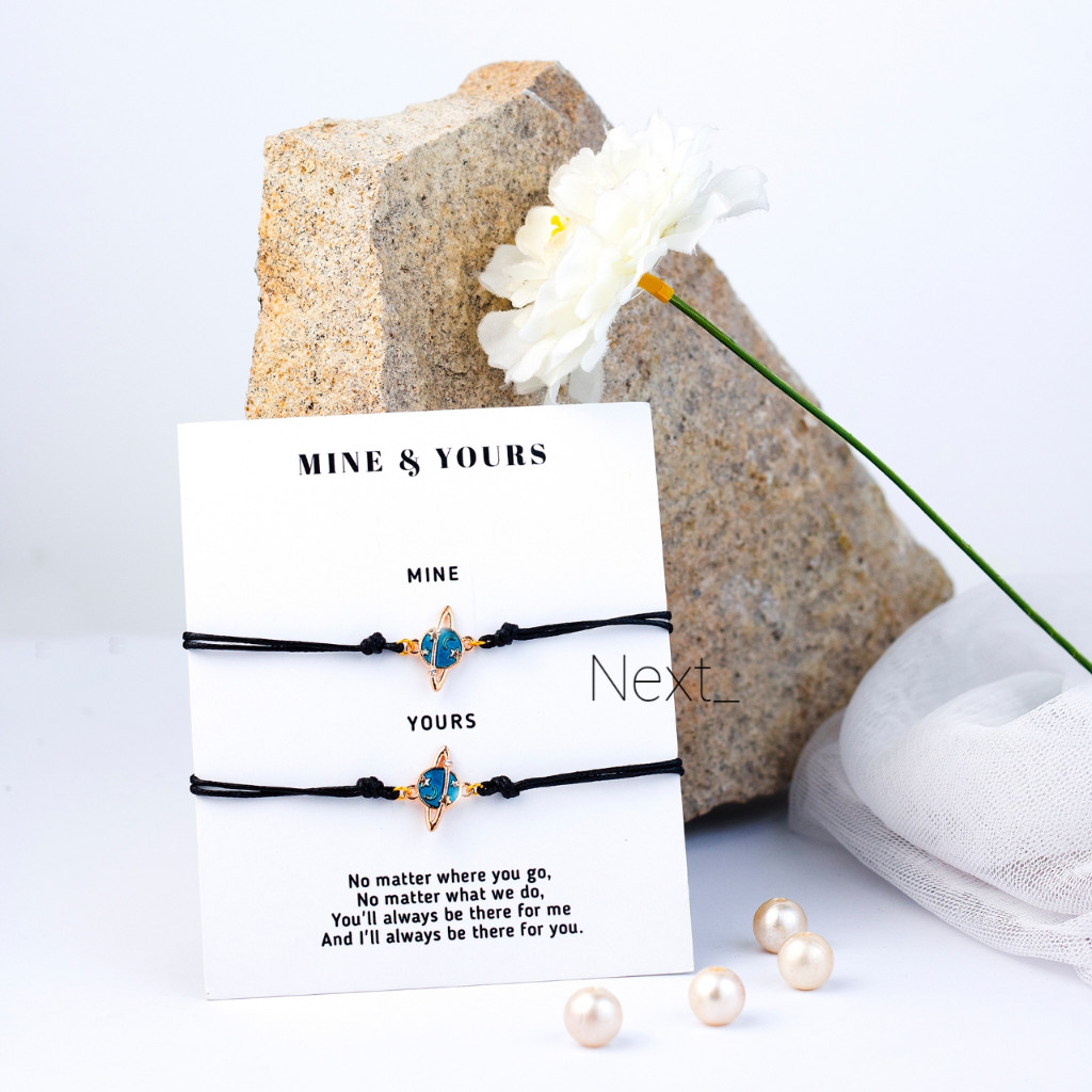 Gelang Couple 2 Orang Sahabat Pacar Bestie Tali Korea Hitam Liontin Planet Saturnus Series Murah