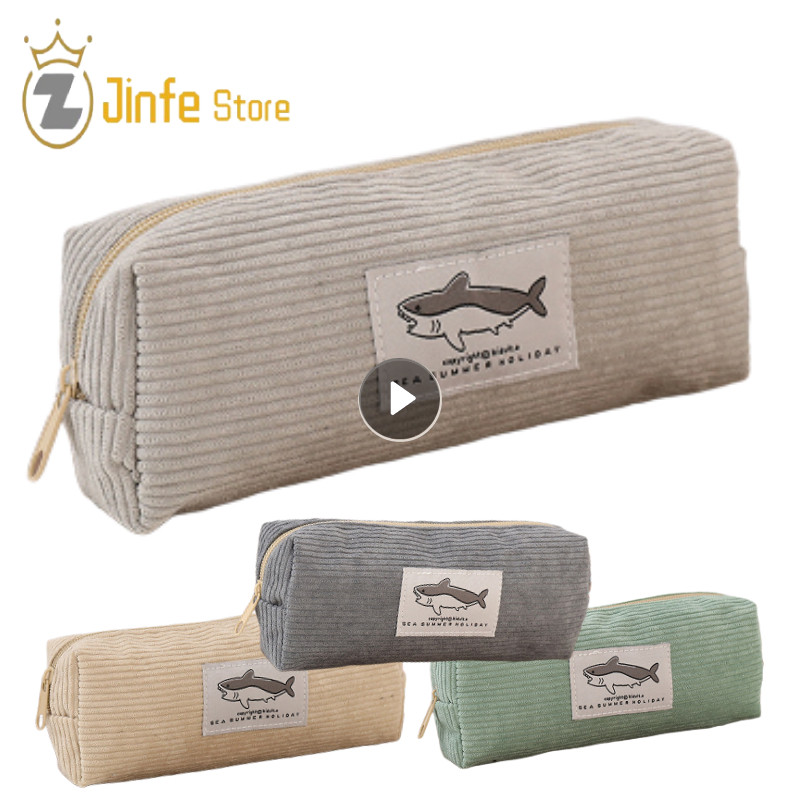 

Cute Corduroy Pencil Case Little Shark Embroidery Pen Bag Pouch Gift For Girls&Kids School Office Stationery Organizer Supplies