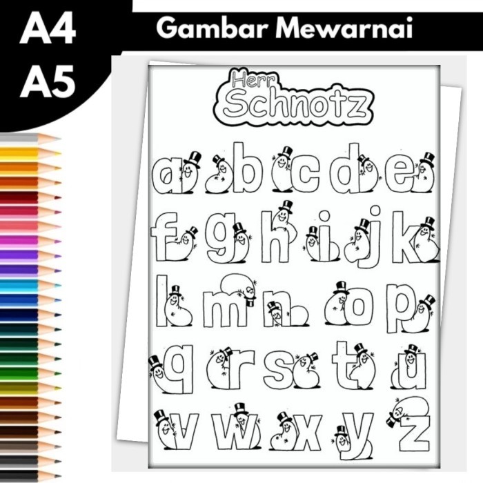 10 lembar kertas mewarnai, GAMBAR MEWARNAI tema huruf,abjad, abcd