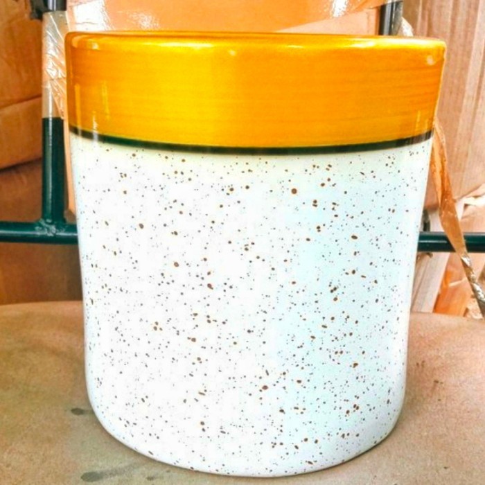 Pot keramik Granit/pot Marmer/pot tanaman Tinggi 20 cm - PUTIH LIST EMAS