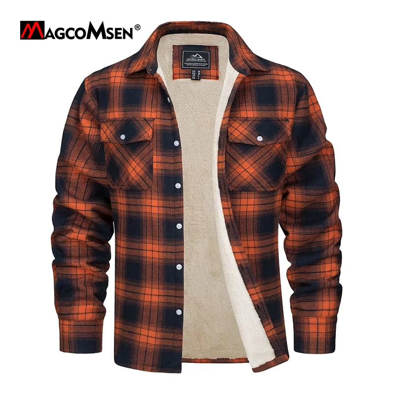 MAGCOMSEN Men's Fleece Plaid Flannel Shirt Jacket Button Up Casual Cotton Jacket Thicken Warm Spring