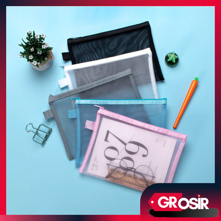 

Grosir - S6245 Kotak Pensil Jaring Resleting / Tempat Penyimpanan Serbaguna / Pouch Alat Sekolah Transparan / Zipper Bag Map Jaring