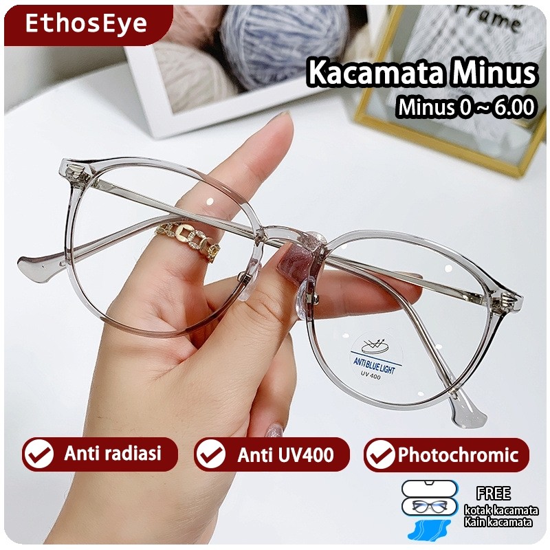 EthosEye Kacamata Minus  Blueray Bluecromic Wanita Pria Cowok Photocromic Anti Radiasi Korea Fashion