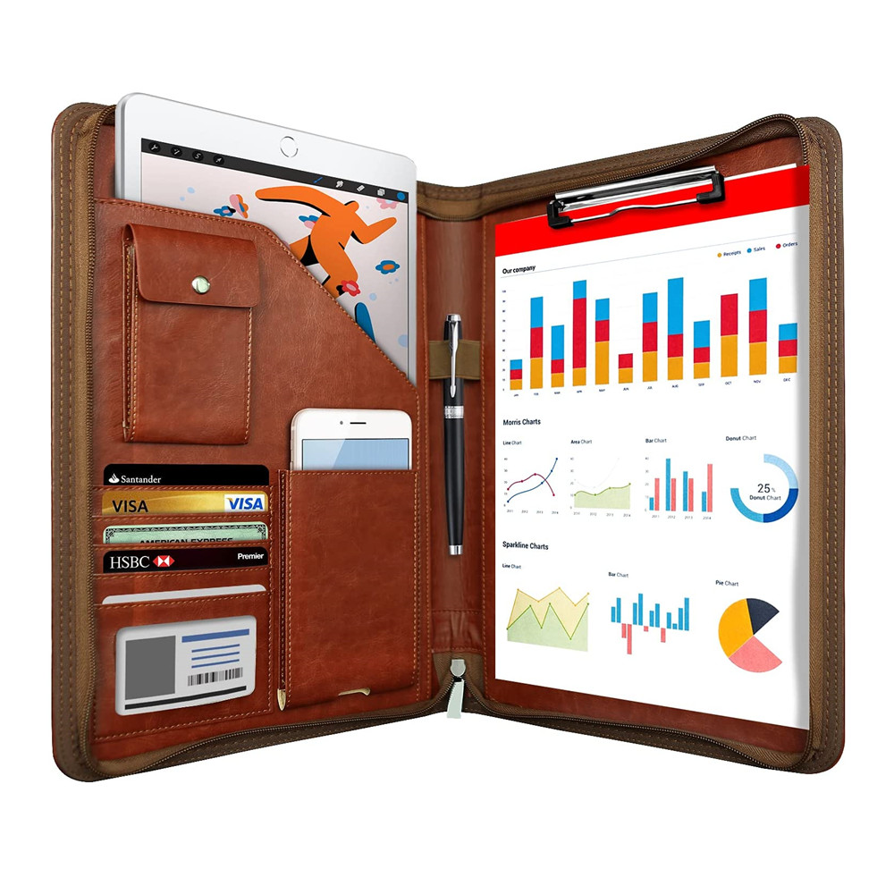 

Multifunctional A4 Conference Folder Business Stationery Folder Leather Contract File Folders Zippered Organizer Card Holder