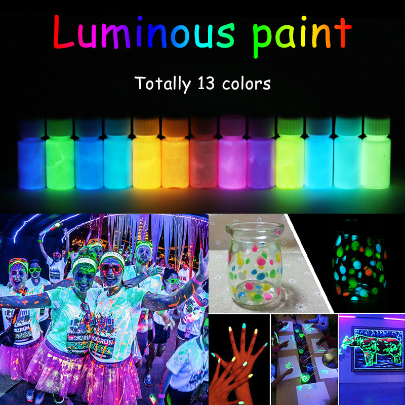 

13 Colors Acrylic Paint Glow in the Dark gold Glowing paint Luminous Pigment Fluorescent Powder painting for Nail Art supplies